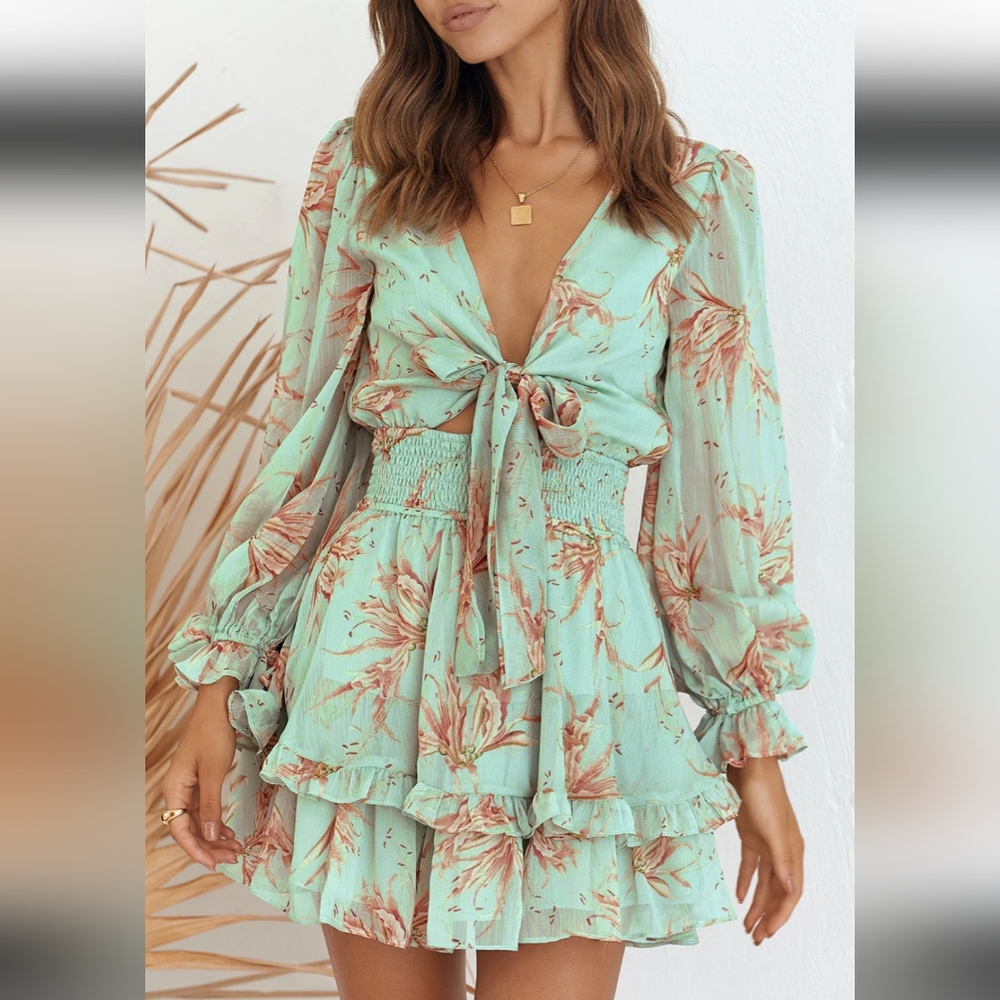 Pretty Garden Tie front floral Size M Dress is Green - L Dress is Blue